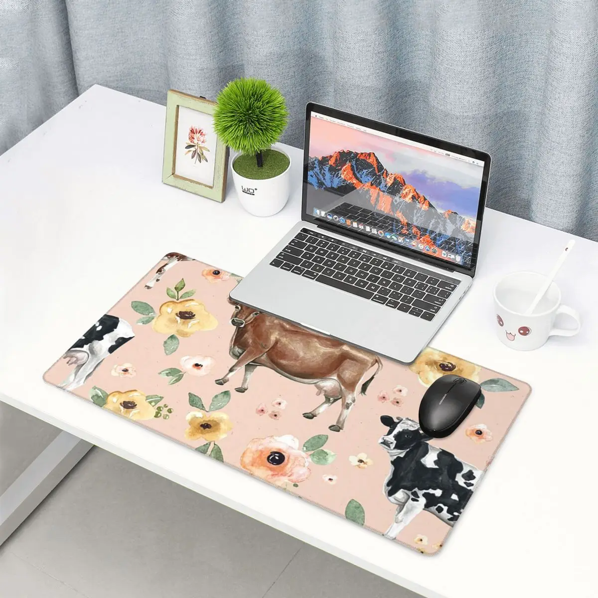 Yellow Laptop Accessories - Großes Mauspad mit Kuh- und Blumenmuster