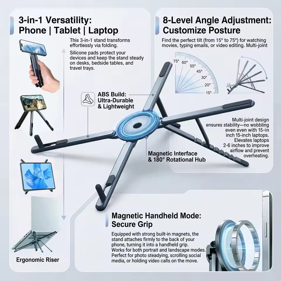 Laptop Extra Accessories - Tragbarer Magnetischer Handyhalter & Selfie-Stick 3-in-1